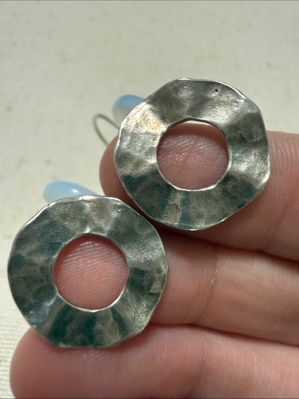 Sterling Silver 925 Opal Bead and Hammered Silver Drop Earrings - Picture 9 of 10